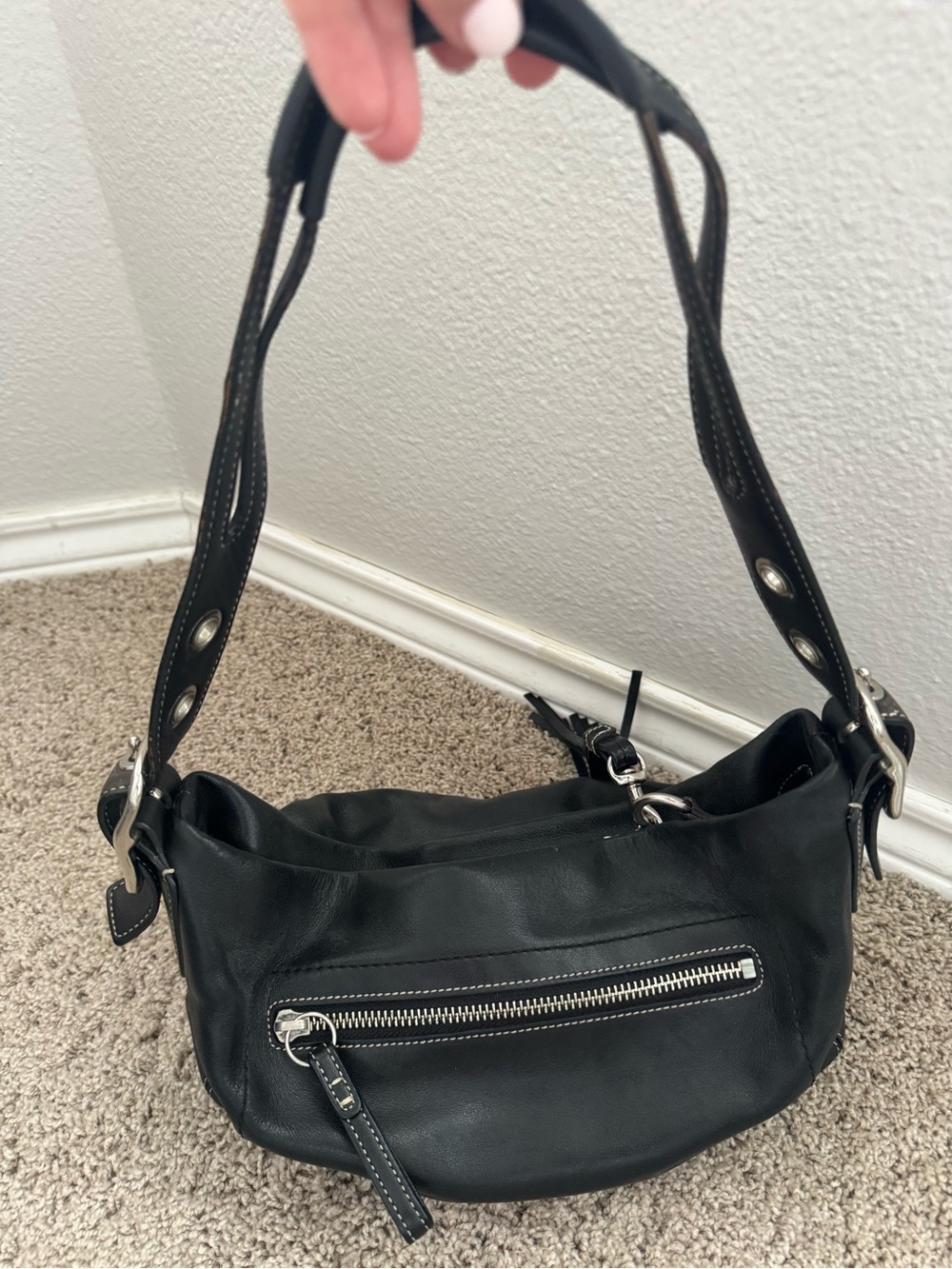 Coach Black Leather Shoulder Bag with Silver Hardware